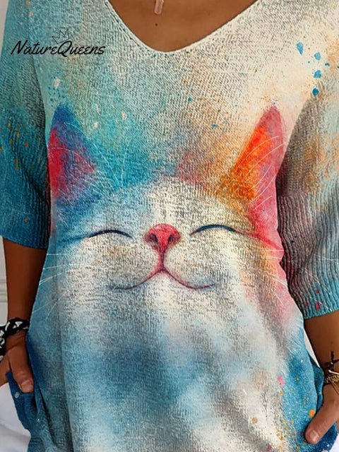 Women's Lovely Cat Art Print Casual Pullover Knit