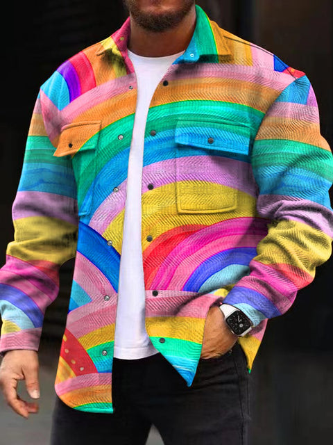 Rainbow Splicing Printed Men's Fashion Casual Long Sleeved Jacket