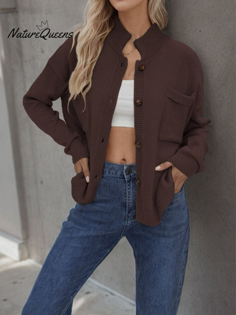 Women's Stand Collar Solid Color Knitted Cardigan