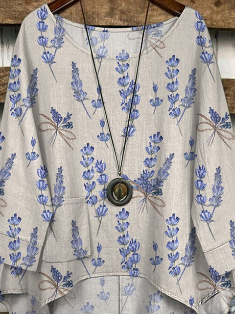 Lovely Lavender Repeat Pattern Printed Women's Casual Long Sleeve Comfortable Cotton Top