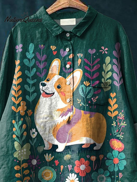 Corgi Dog In Spring Field Graphic Printed Women's Casual Cotton And Linen Shirt