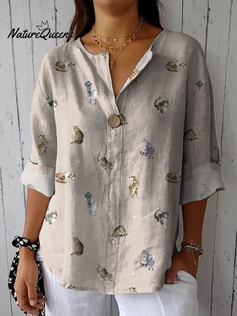 Lovely Petite Cats Pattern Printed Women's Casual Cotton Linen Shirt