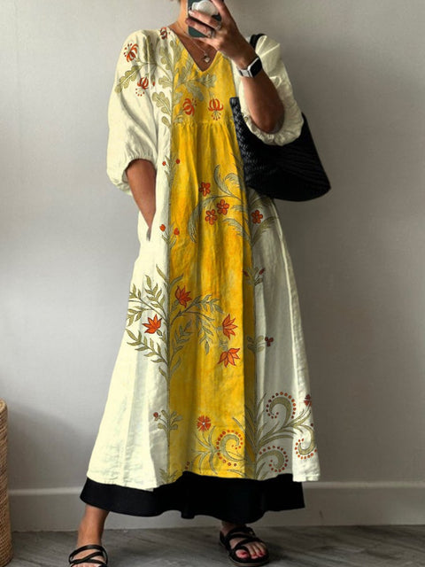 Yellow Strips and Flowers Decorative Pattern Pocket V-neck Cotton Dress