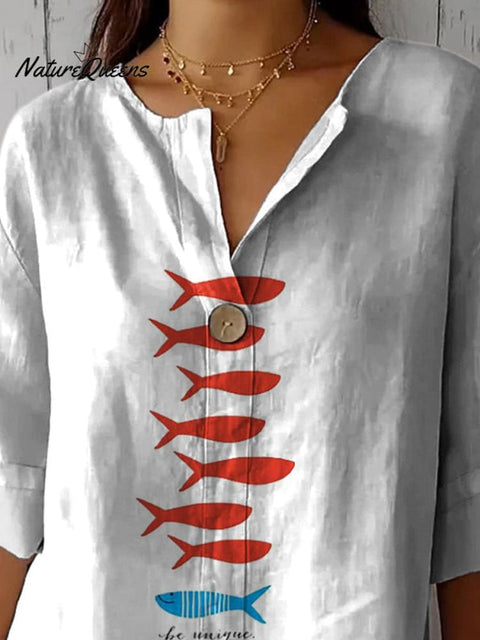 Be Unique Fish Graphic Printed Women's Casual Cotton Linen Shirt