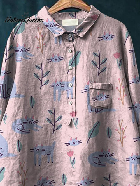 Lovely Cats And Spring Garden Pattern Printed Women's Casual Cotton And Linen Shirt