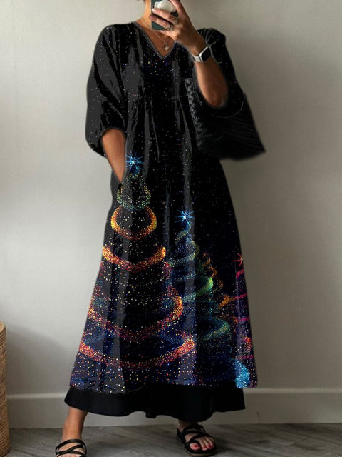 Women's Glitter Christmas Art Print Pocket V-neck Cotton Dress