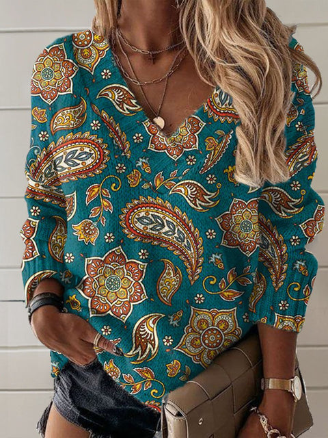 Retro Flowers  Art Print Knit V-neck Pullover Sweater