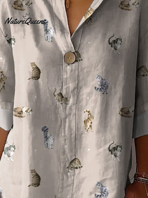 Lovely Petite Cats Pattern Printed Women's Casual Cotton Linen Shirt
