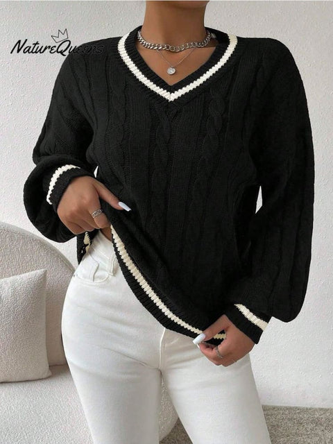 Autumn and winter sweaters, fashionable loose V-neck twist sweaters, versatile tops for women