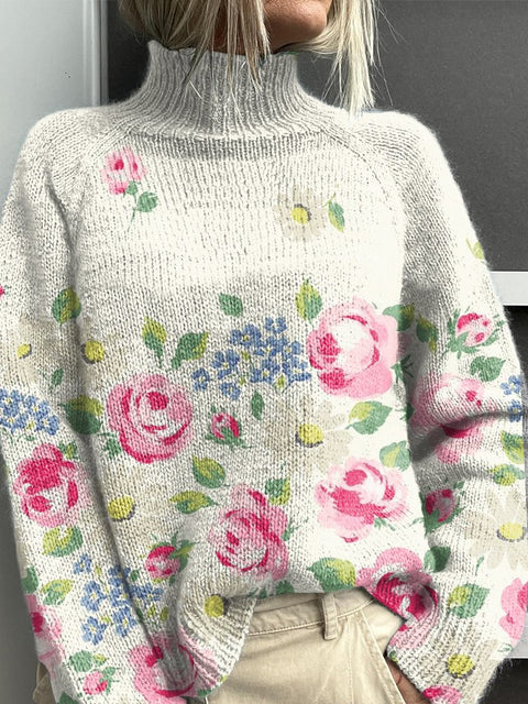 Fresh Roses Print Knit Turtleneck Pullover Sweater