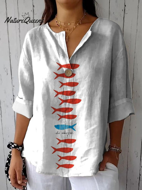 Be Unique Fish Graphic Printed Women's Casual Cotton Linen Shirt