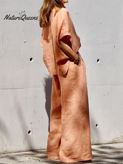 Spring And Summer Cotton Linen Lapel Two-Piece Set Outfit