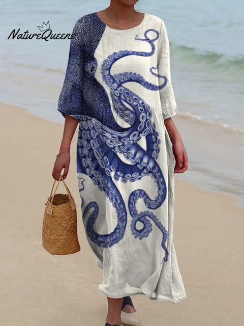 Women's Deep Sea Octopus Tentacles Art Print Pocket Cotton Dress
