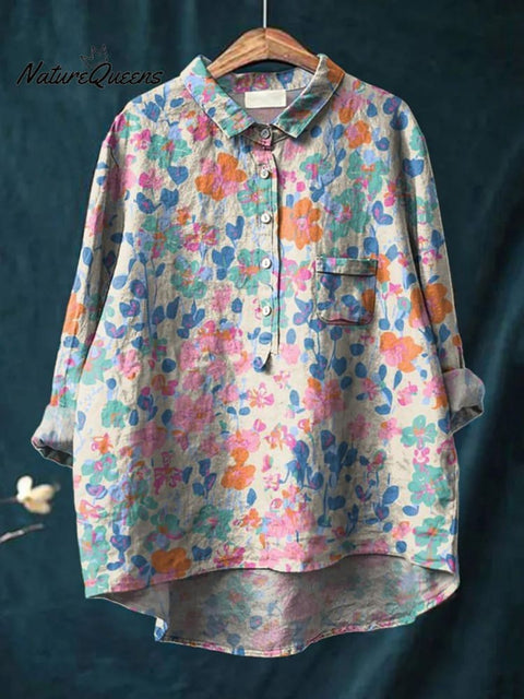 Lovely Spring Meadows Floral Pattern Printed Women's Casual Cotton And Linen Shirt