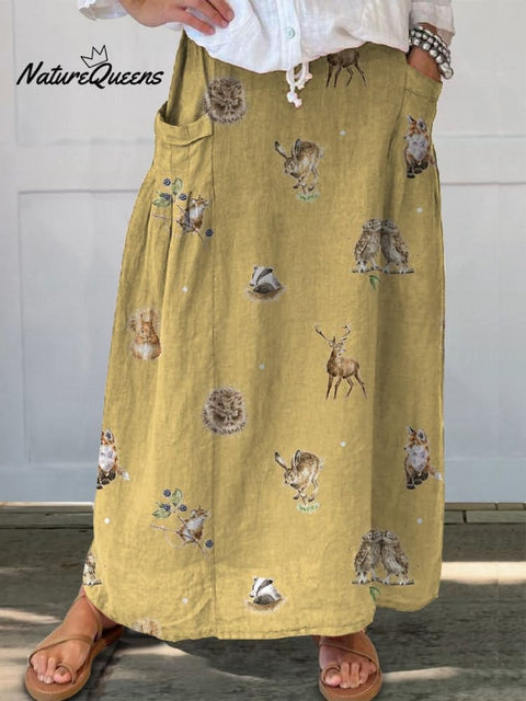 Petite Woodland Animals Pattern Printed Women's Linen Pocket Skirt