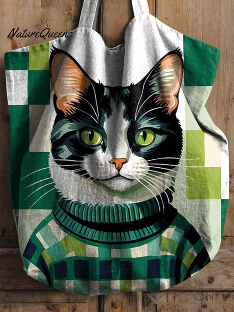 Cat Wearing Sweater Art Printed Linen Tote Bag