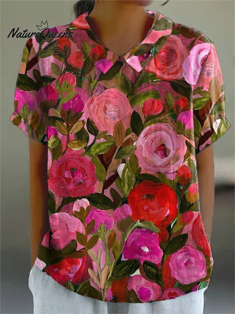 Oil Painting Romantic French Rose Printed Women's Casual Cotton And Linen Shirt