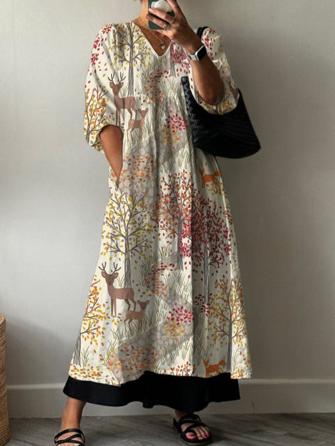 Autumn Path and Deer Decorative Pattern Pocket V-neck Cotton Dress