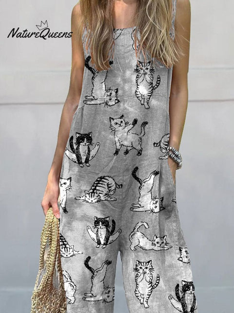 Yoga Cats Pattern Printed Women's Casual 100% Cotton Wide Leg Jumpsuit