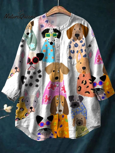 Women's Colorful Cartoon Dog Print Casual Cotton And Linen Shirt