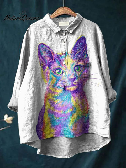 Color Pencil Style Cat Graphic Printed Women's Casual Cotton And Linen Shirt