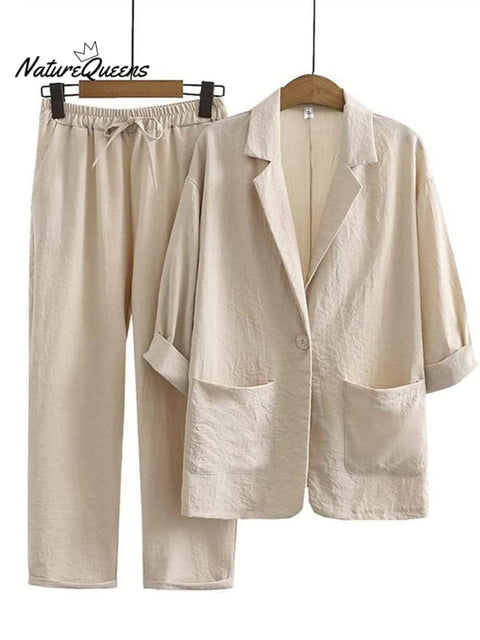 Women's Solid Color Loose Casual Cotton And Linen Jacket Pants Suit