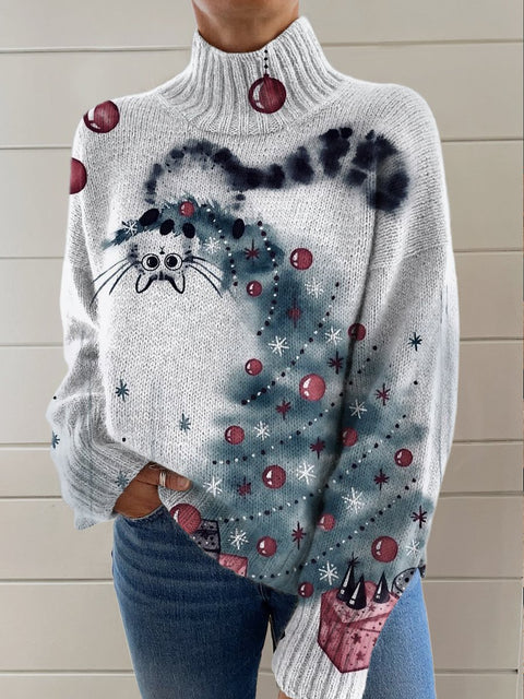 Retro Christmas Trick-or-treating Cats Print Knit Turtleneck Pullover Sweater