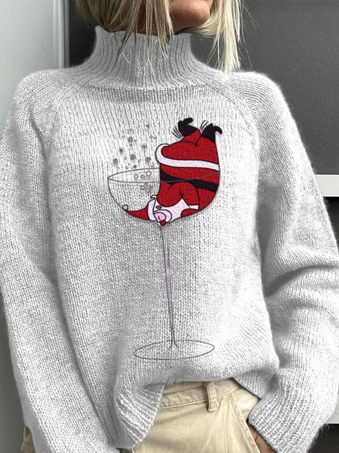 Embroidery   Red Wine Glass Santa  Christmas Art Print Knit Turtleneck Pullover Sweater