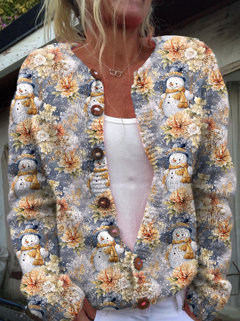 Cute Floral Snowman Print Buttoned Cardigan Sweater