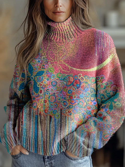 Abstract Floral Art Print Knit Turtleneck Pullover Sweater