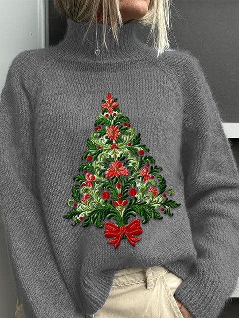 Embroidery  Christmas Tree Art Print Knit Turtleneck Pullover Sweater