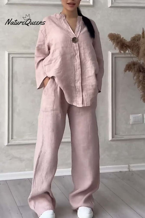 Casual button decorated cotton and linen two-piece set