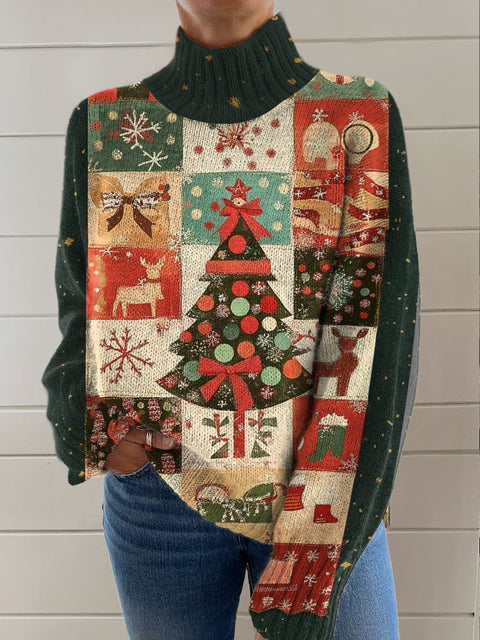 Retro Stitching Christmas Elements Print Knit Turtleneck Pullover Sweater