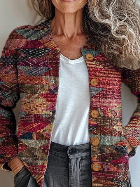 Retro Patchwork Pattern Printed Buttoned Cardigan Sweater