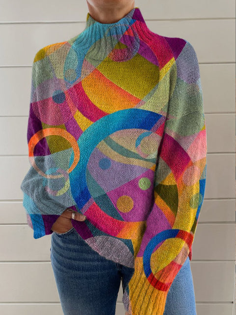 Rainbow Color Gradient Abstract Geometric Art Print Knit Turtleneck Pullover Sweater