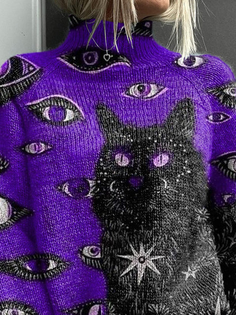 Sacred Black Cat Art Printed Knit Turtleneck Pullover Sweater