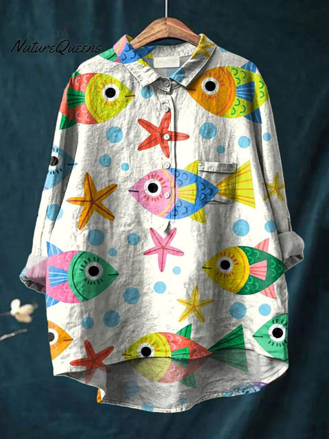 Lovely Cartoon Fish And Sea Star Pattern Printed Women's Casual Cotton And Linen Shirt