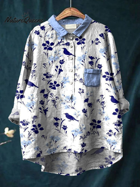 Decorative Pattern of Flowers and Birds In Blue Tones Casual Cotton And Linen Shirt