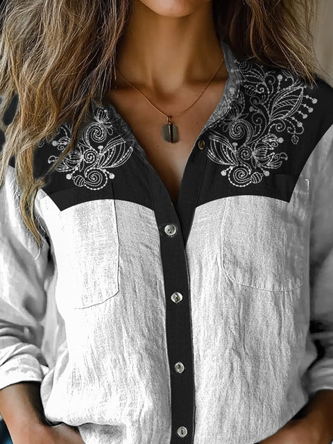 Embroidery Floral Art Printed Women's Casual Long Sleeve Comfortable Cotton Shirt