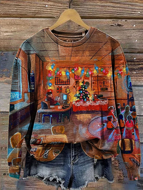 Retro Christmas Holiday Print Casual  Sweatshirt