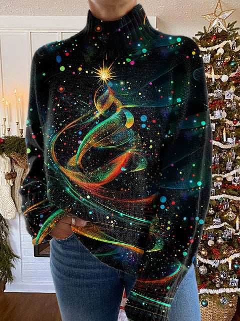 Glitter Christmas Print Knit Turtleneck Pullover Sweater