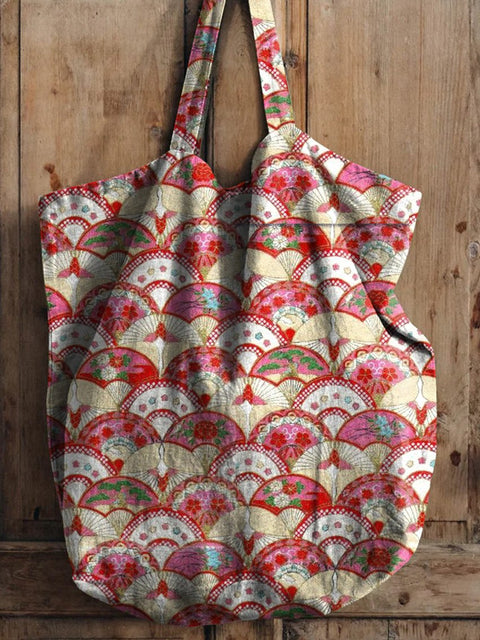Japanese Style Flying Crane Pattern Printed Linen Tote Bag