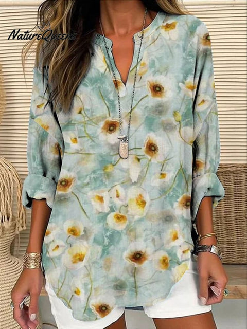 Women's Yellow Retro Elegant Small Flower Floral Print On Blue Background Print Casual Linen V-neck Shirt