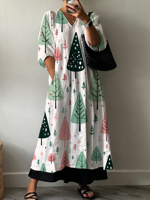 Women's Simple and Lovely Tree Print Pocket V-neck Cotton Dress