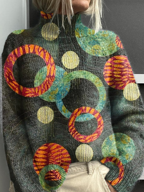 Green Abstract Circle Panelled Design Print Knit Turtleneck Pullover Sweater