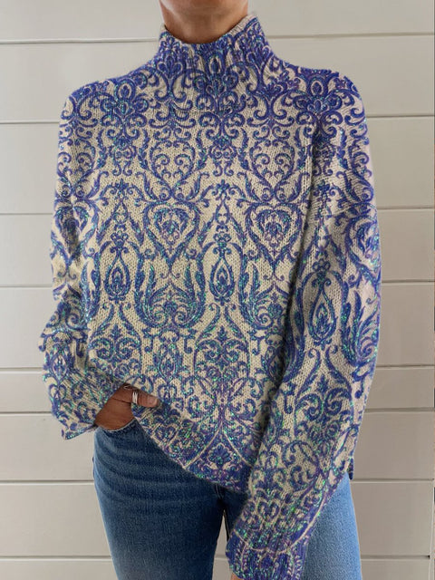 Blue Ethnic Pattern Print Knit Turtleneck Pullover Sweater