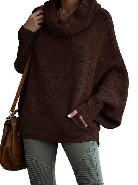 Women's Stylish Casual Long Sleeve Pullover Solid Color Loose Turtleneck Knitted Sweater