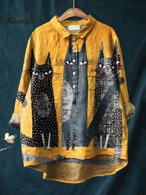 Women's Cat  Art Print Casual Cotton And Linen Shirt