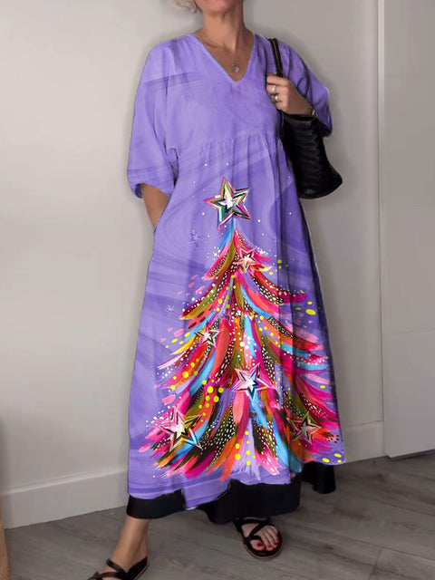 Women's Magic Christmas Tree Print Pocket V-neck Cotton Dress