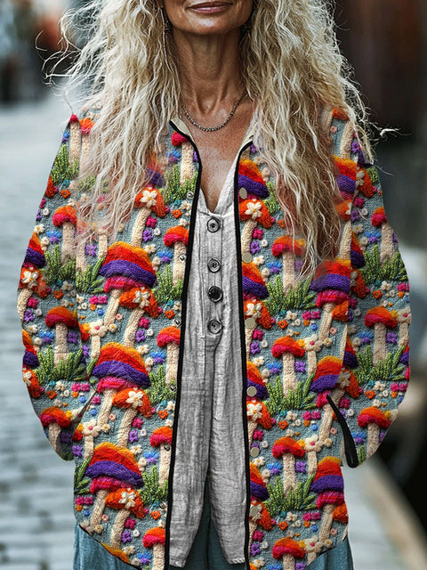 Women's Embroidery Mushroom Art Print  Casual Quilted Jacket